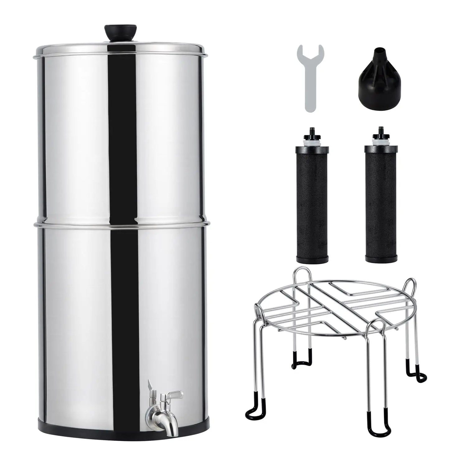 Stainless steel water filter with accessories on a white background