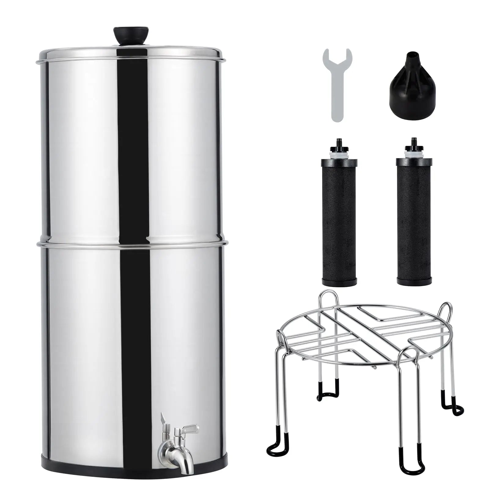 Stainless steel water filter with accessories on a white background