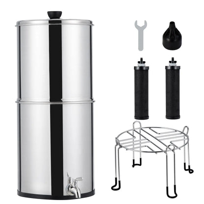 Stainless steel water filter with accessories on a white background