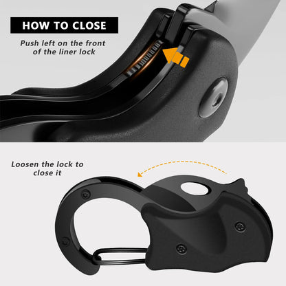 Instructions on how to close a knife with text and arrows indicating the process.