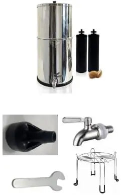 Collection of water filtration components including a filter, faucet, and tools on a white background.