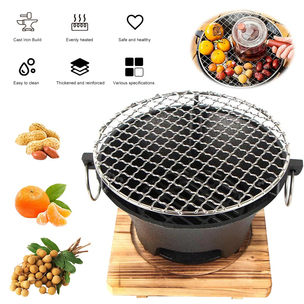 Portable grill on a wooden base with features listed and food items displayed.