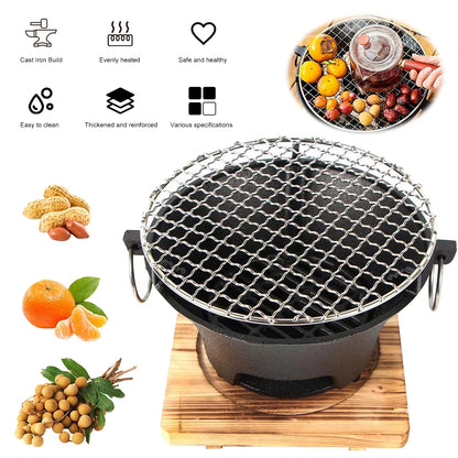 Portable grill on a wooden base with features listed and food items displayed.