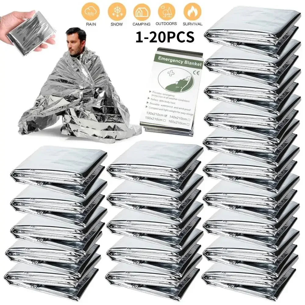 Multiple emergency blankets in packaging with a man demonstrating use, on a white background.