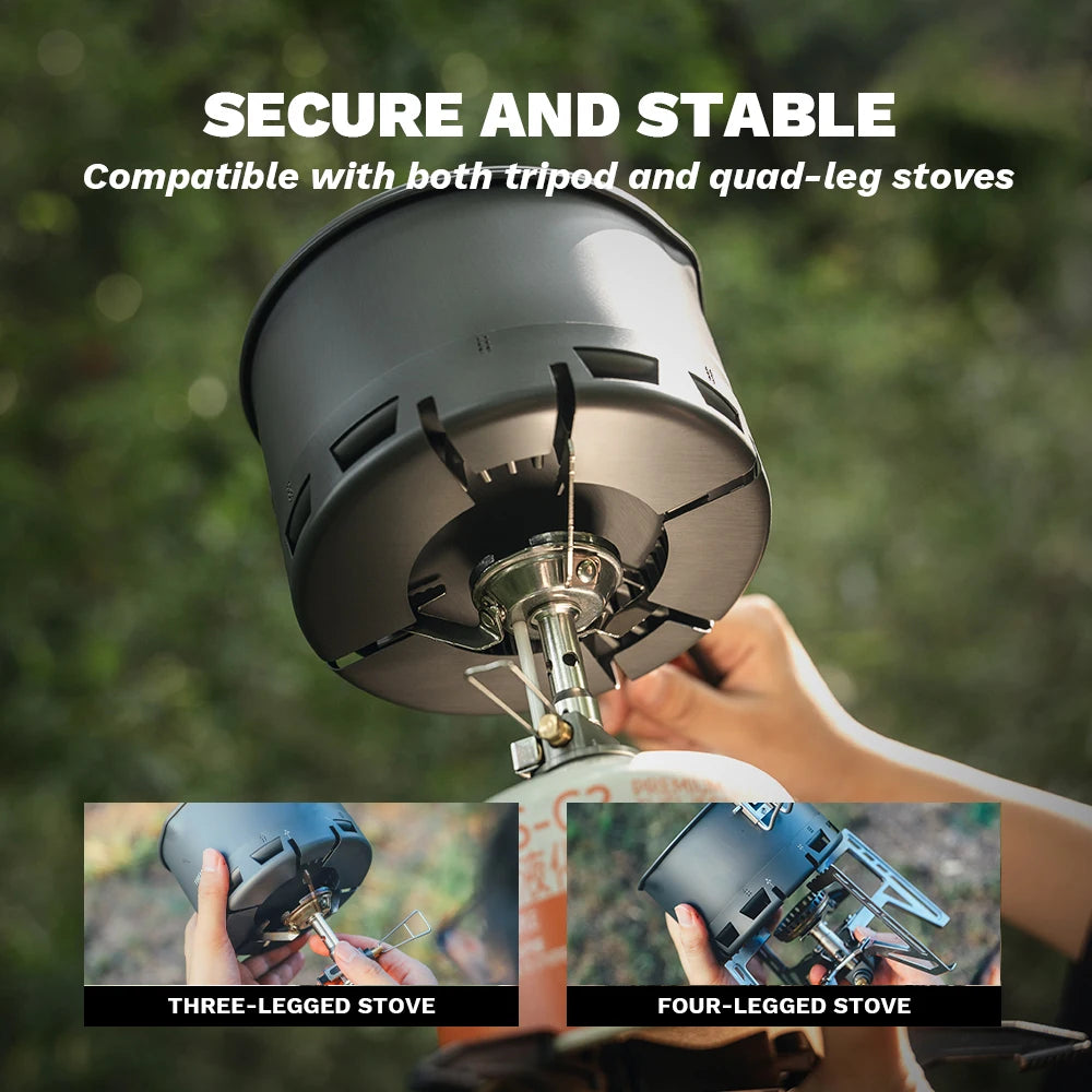 Person holding a camping stove with text indicating compatibility for tripod and quad-leg stoves.