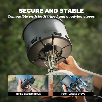 Person holding a camping stove with text indicating compatibility for tripod and quad-leg stoves.