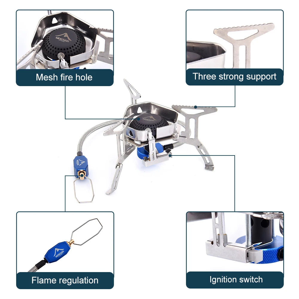 Camping stove with features highlighted on a white background