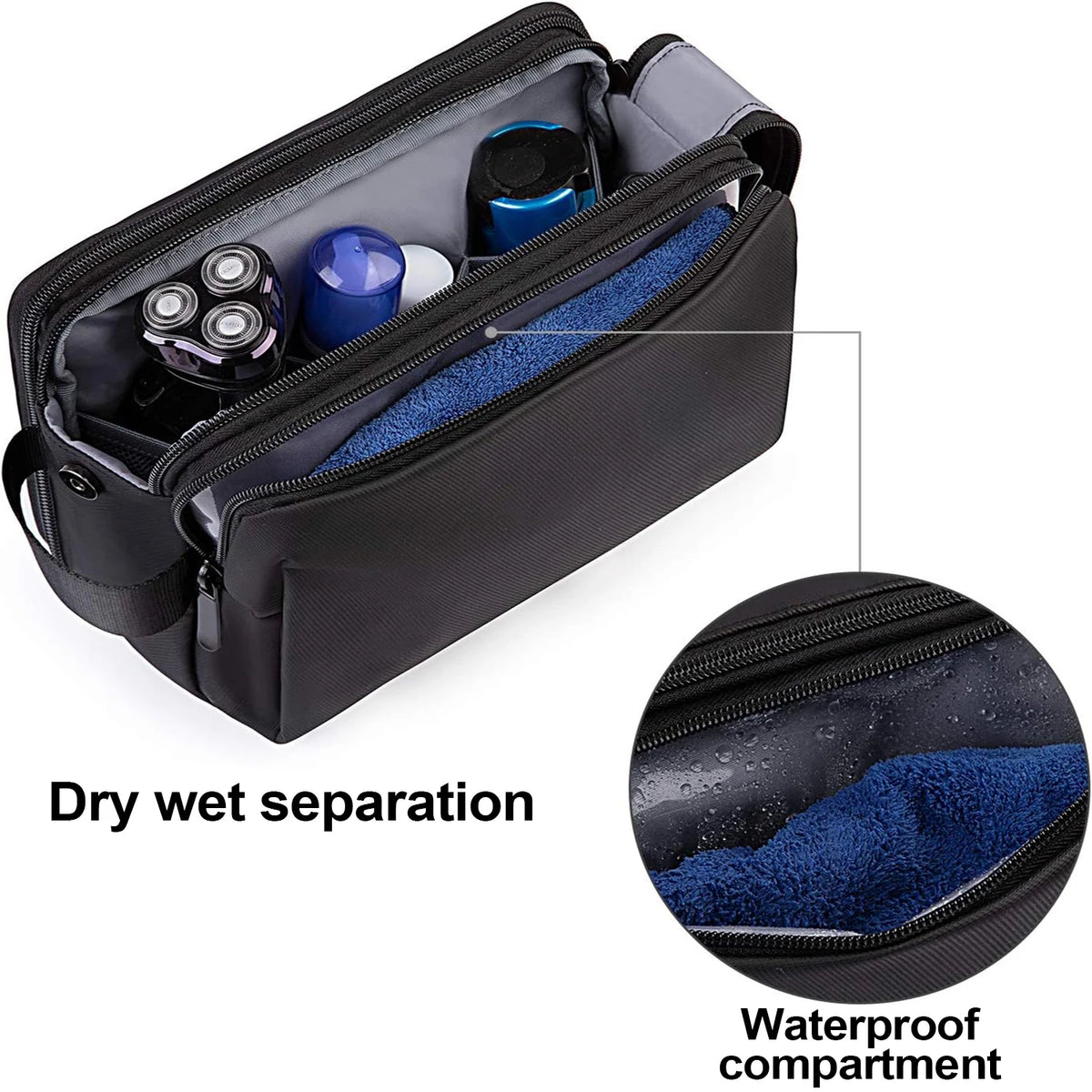 Black toiletry bag with dry and wet separation feature on a white background