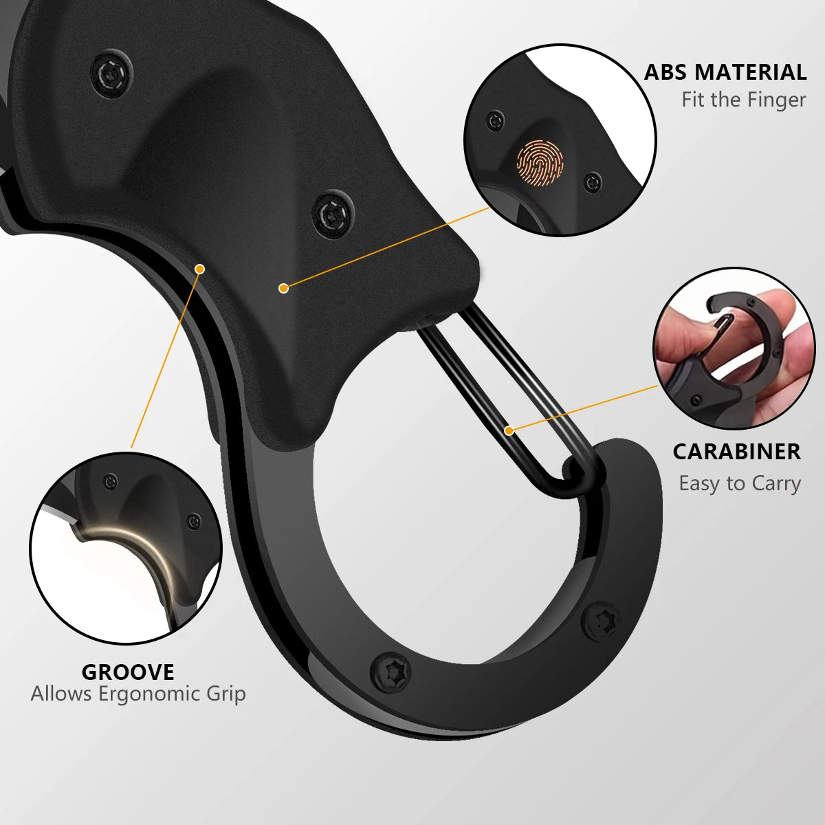 Black carabiner with ergonomic grip and carabiner feature on a gray background