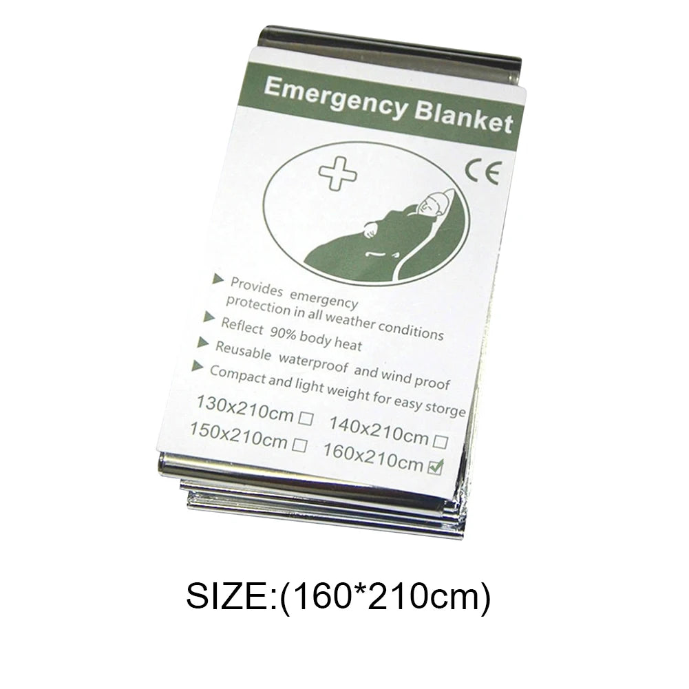 Emergency blanket packaging with size information on a white background