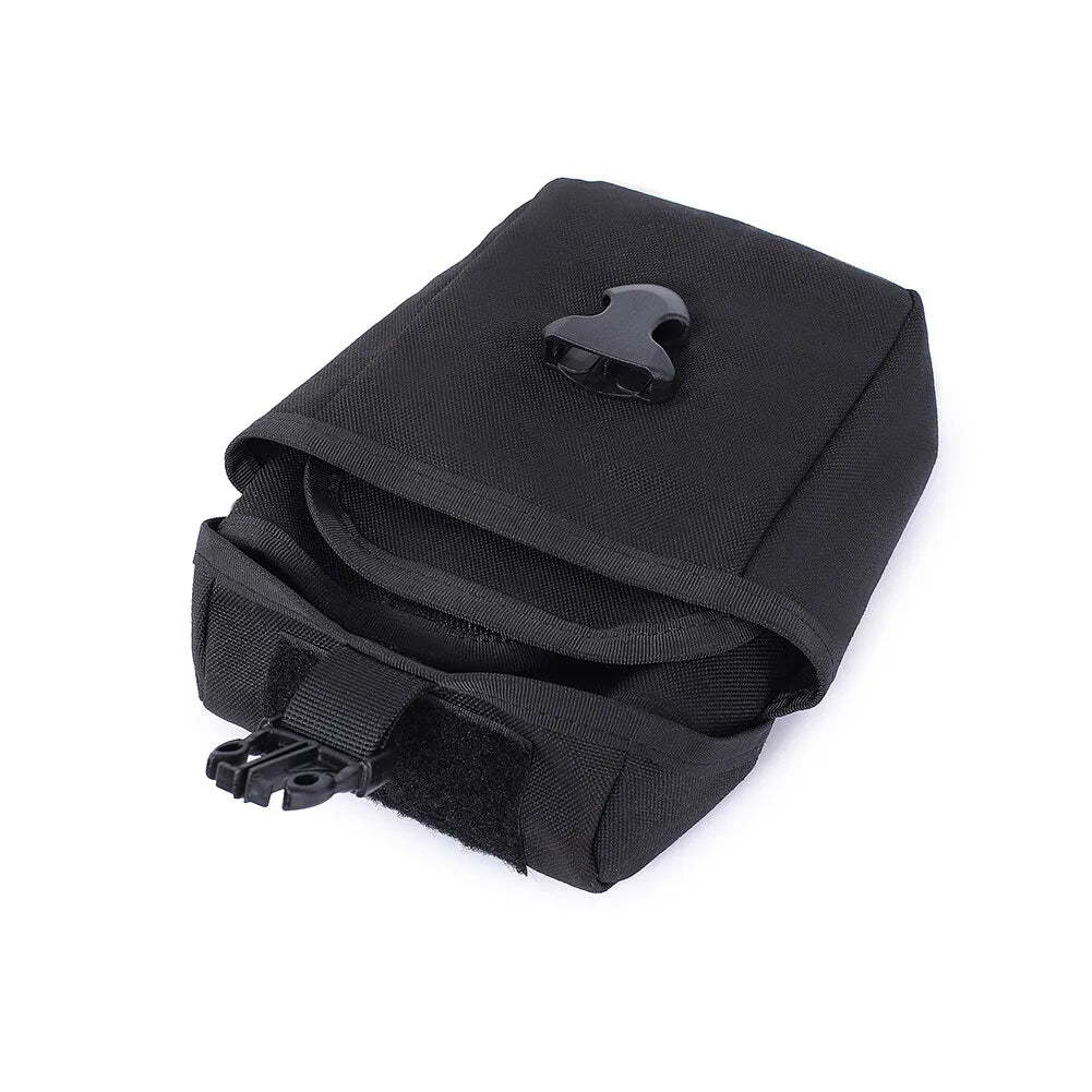 Black tactical pouch with a clip on a white background