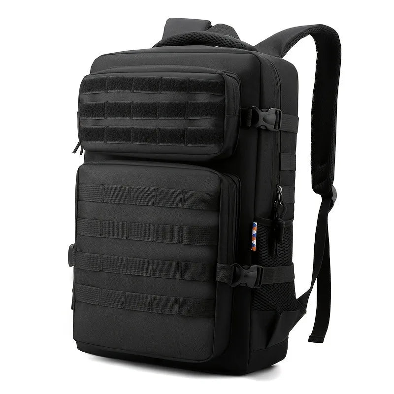 Black tactical backpack on a white background