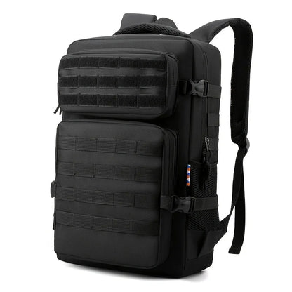 Black tactical backpack on a white background