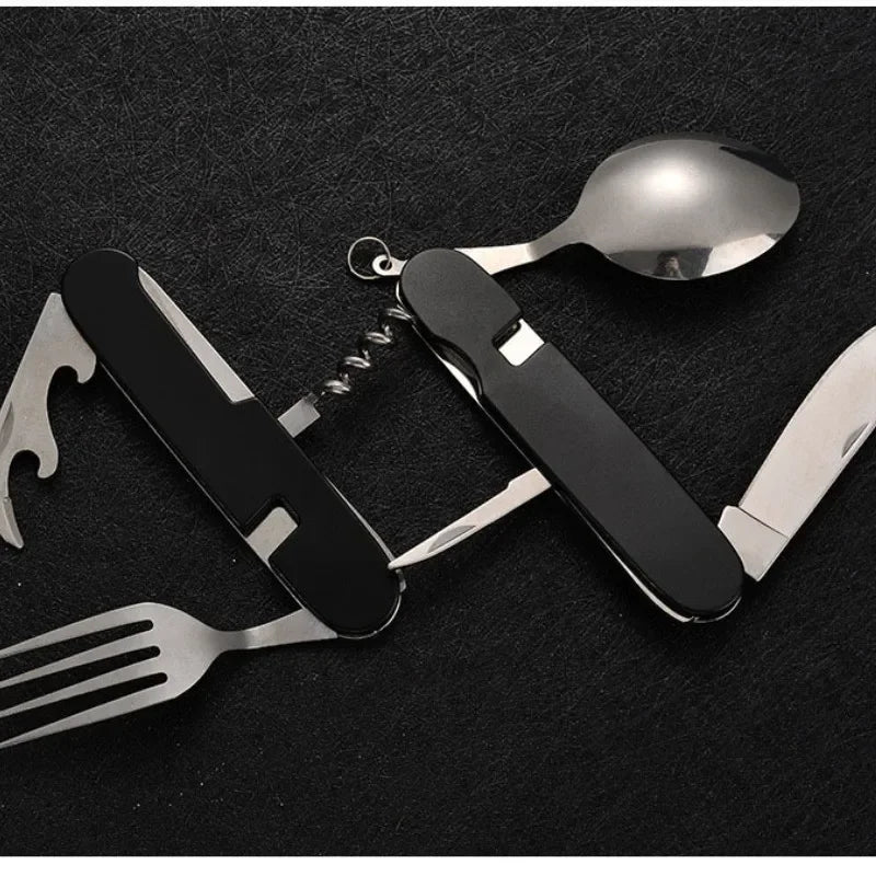 Multitool with knife, fork, spoon, and bottle opener on a black background