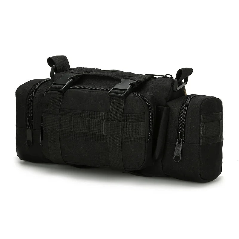 Black tactical duffel bag on a white background