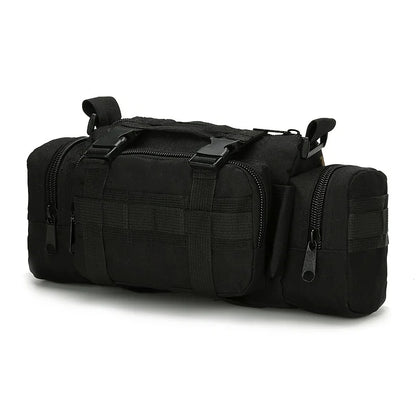 Black tactical duffel bag on a white background
