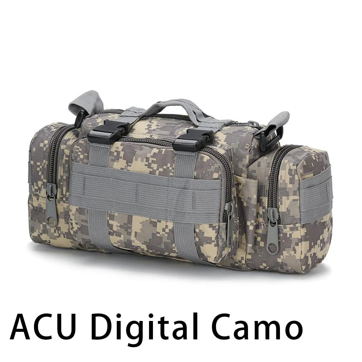 Camouflage duffel bag with ACU Digital Camo pattern on a white background