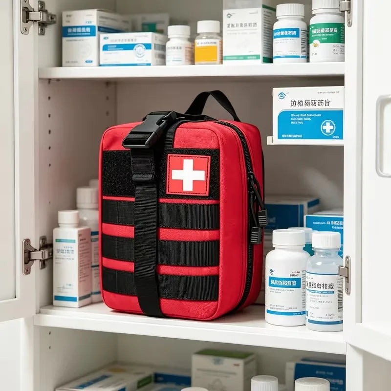 A red and black first aid kit bag with a white cross emblem, displayed on a white shelf inside an open medicine cabinet alongside various pharmaceutical boxes and bottles.