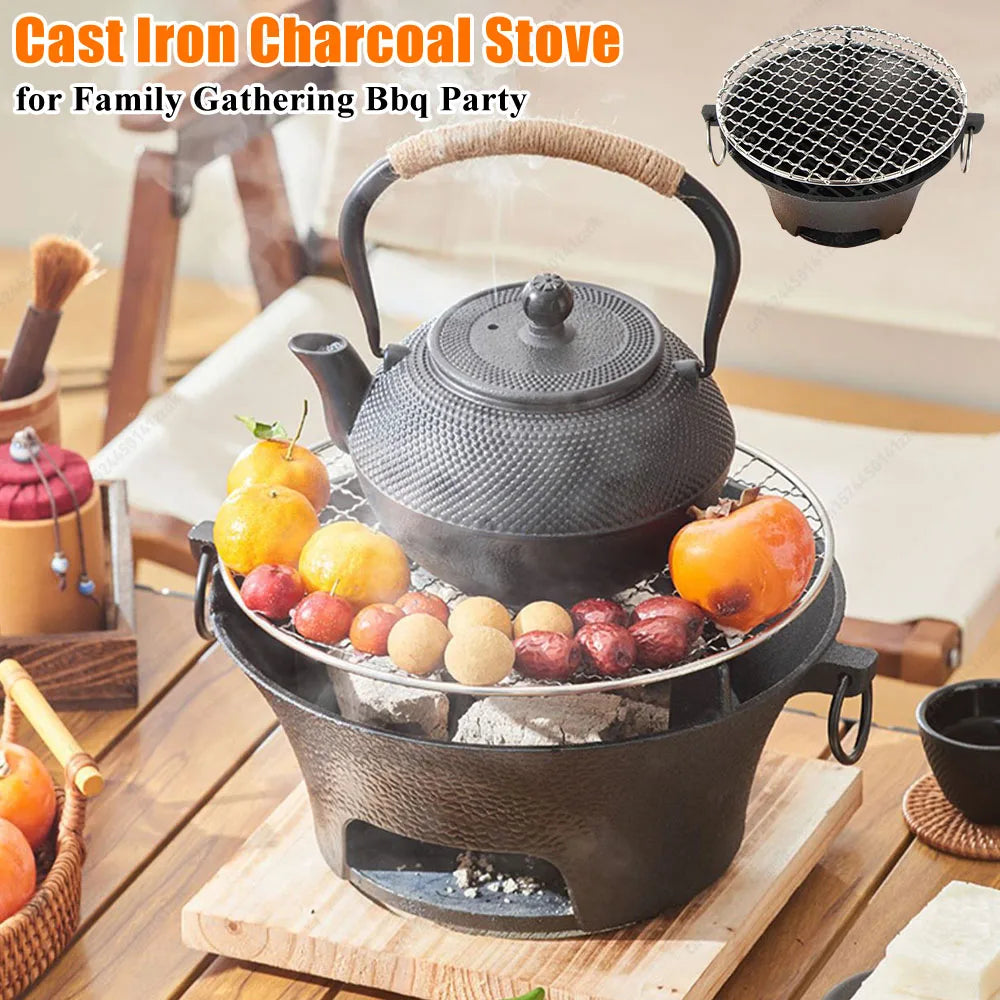 Cast iron charcoal stove with a teapot and fruits on a wooden table, suitable for family gatherings and BBQ parties.