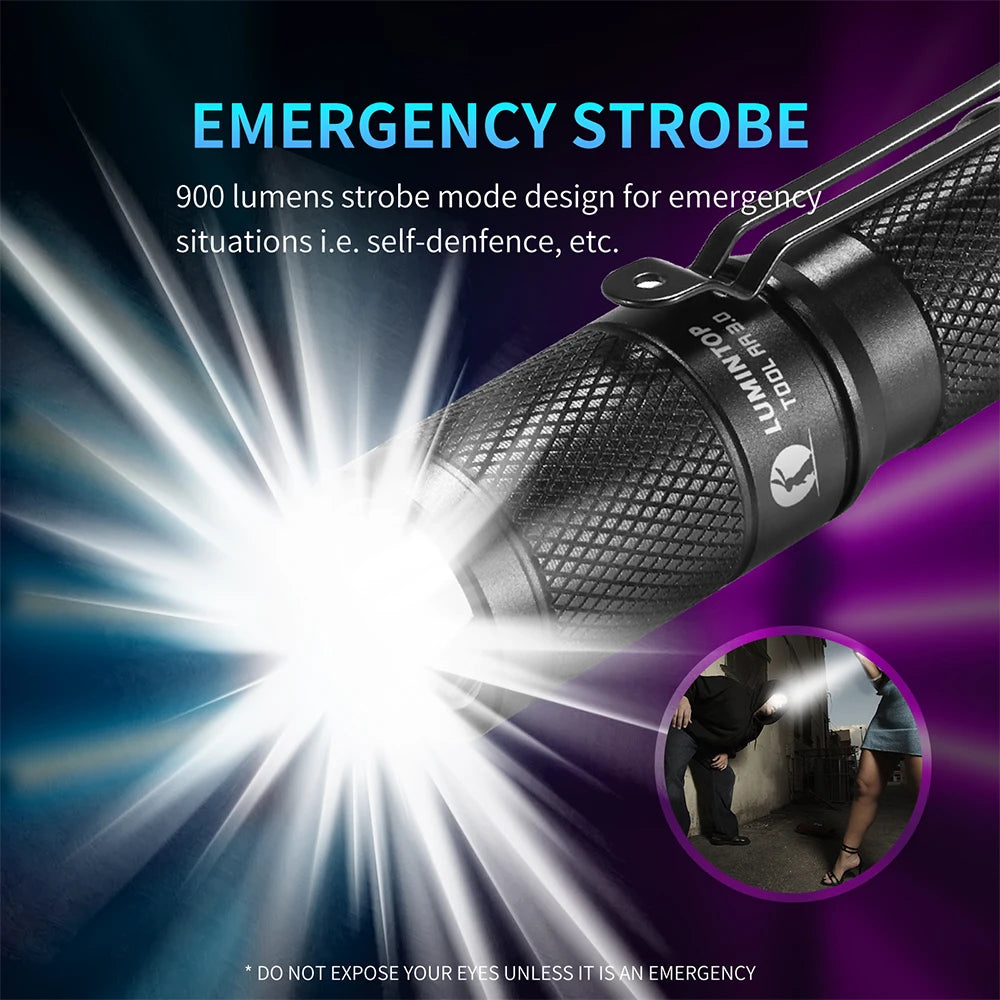 Black flashlight with emergency strobe feature on a dark background