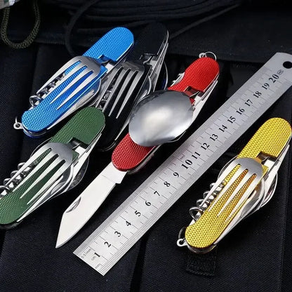 Multitools with various tools on a black background with a ruler for scale.