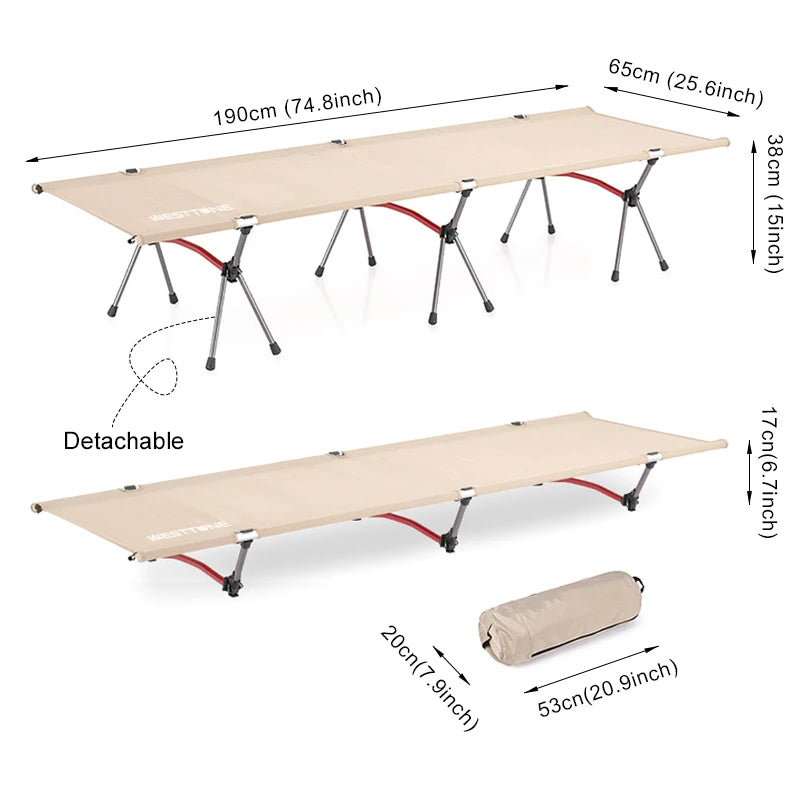 Camping cot with dimensions and storage bag on a white background