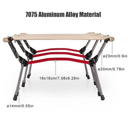 Compact folding table with 7075 aluminum alloy material, dimensions displayed.