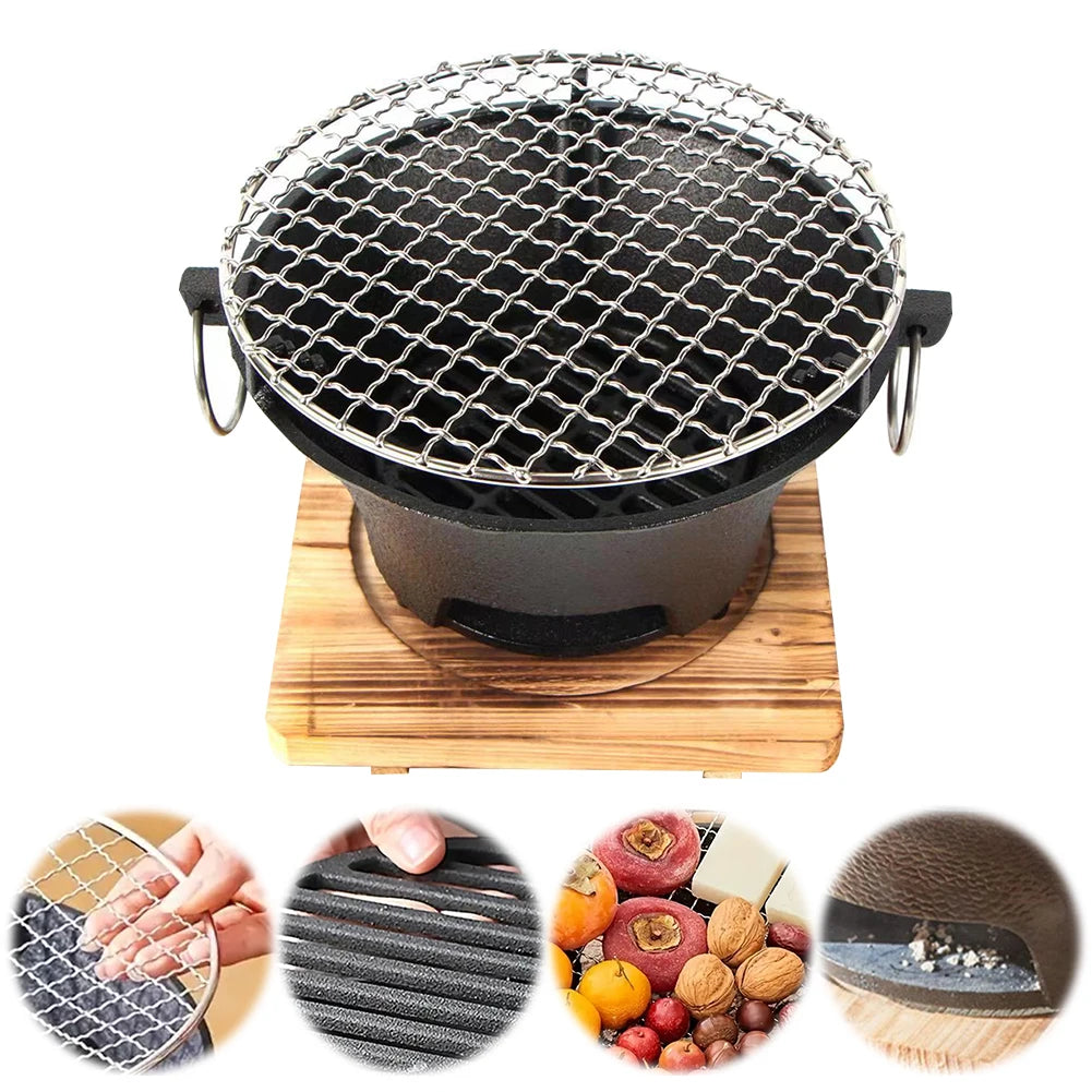 Black grill with a wooden base on a white background
