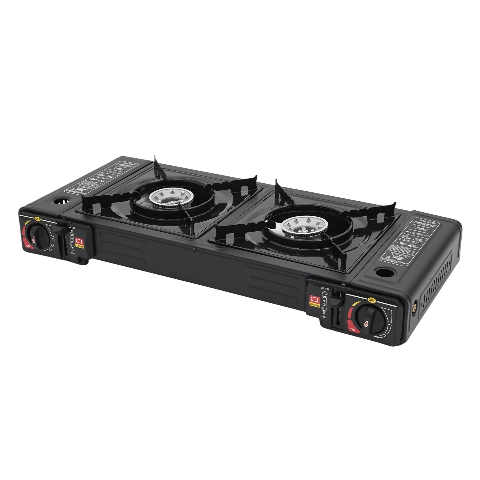 Black double-burner gas stove on a white background