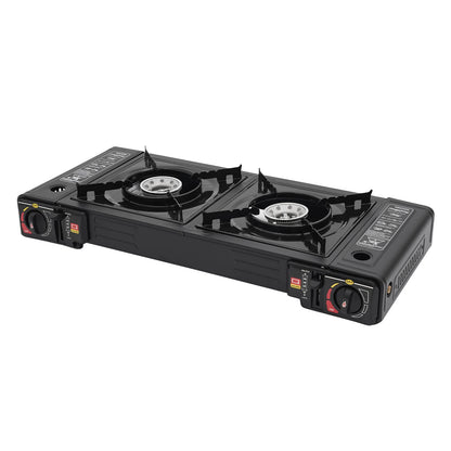 Black double-burner gas stove on a white background