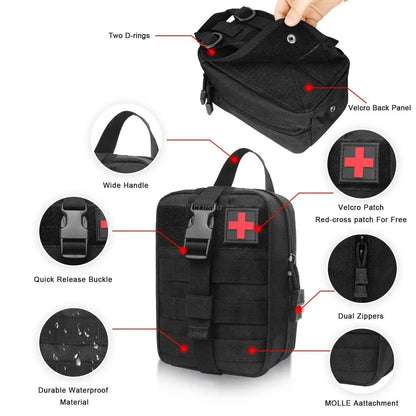 Black tactical bag with features highlighted on a white background