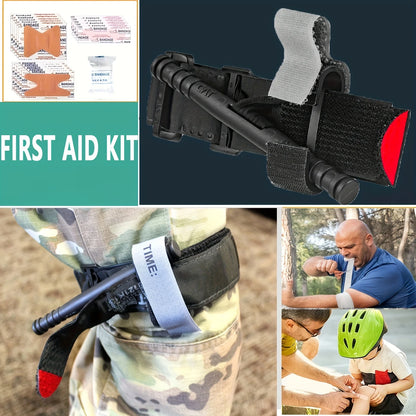 Collage of a first aid kit, bandages, and people using it outdoors.