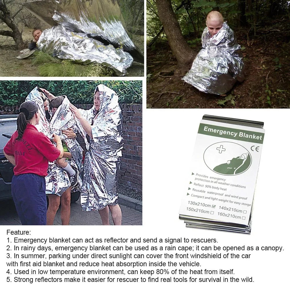 Emergency blankets being used outdoors with packaging and features listed.