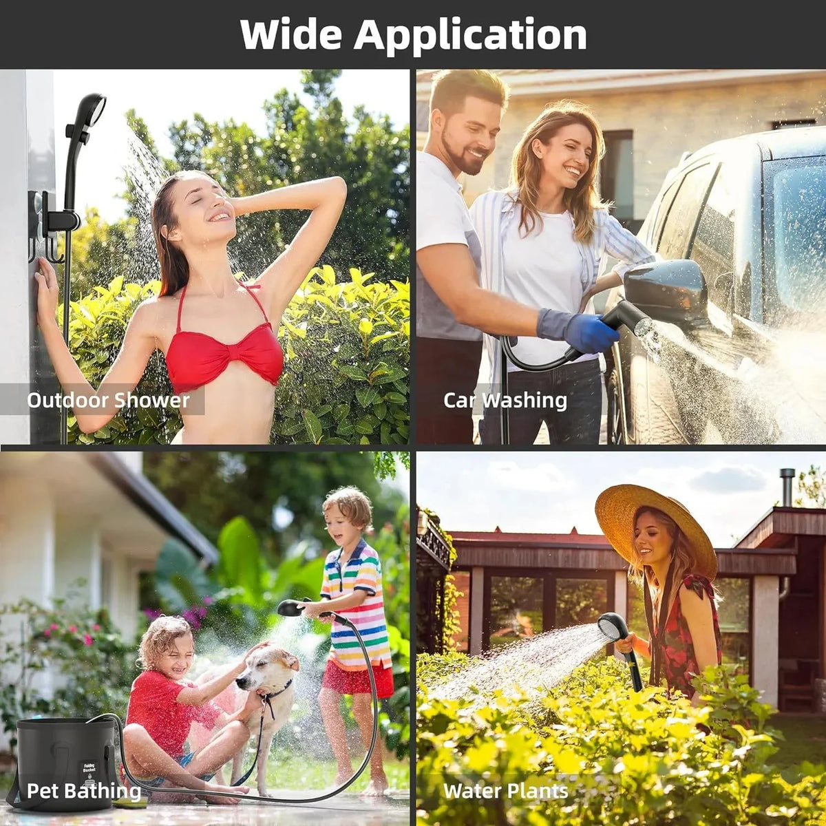 Collage of people using a shower head for outdoor shower, car washing, pet bathing, and watering plants.