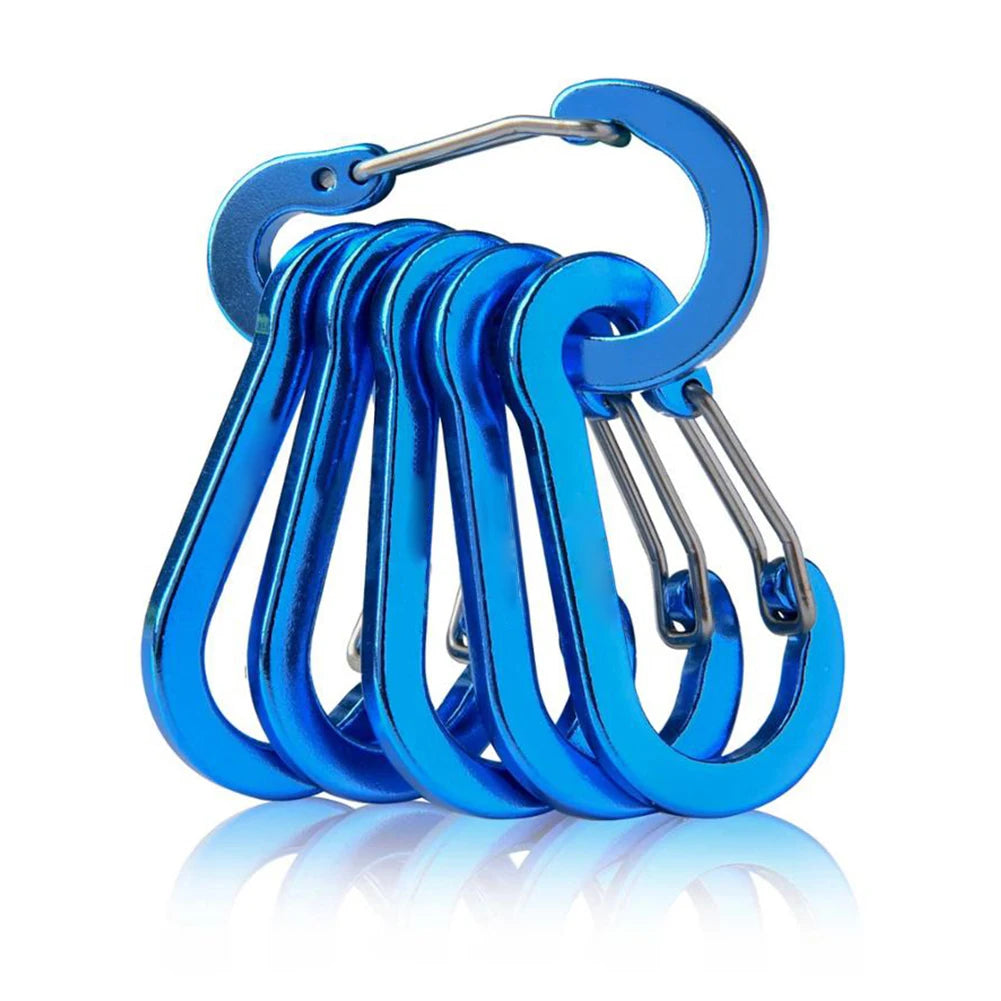 Set of blue carabiners on a white background
