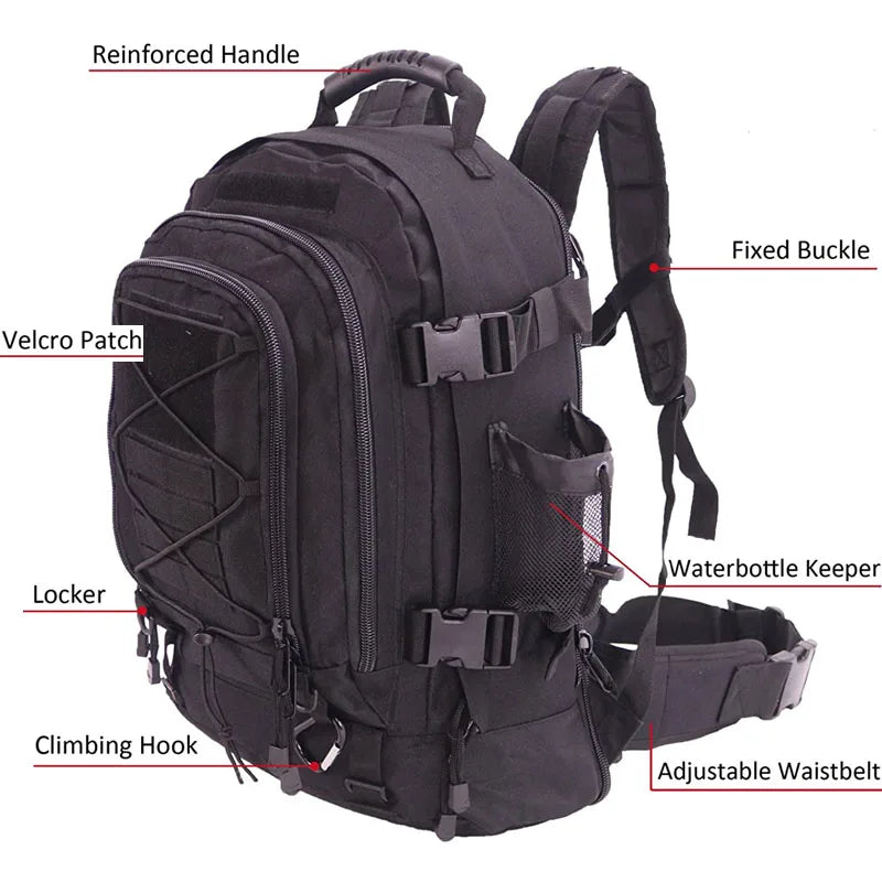 Black backpack with labeled features on a white background
