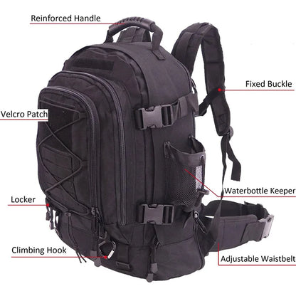 Black backpack with labeled features on a white background
