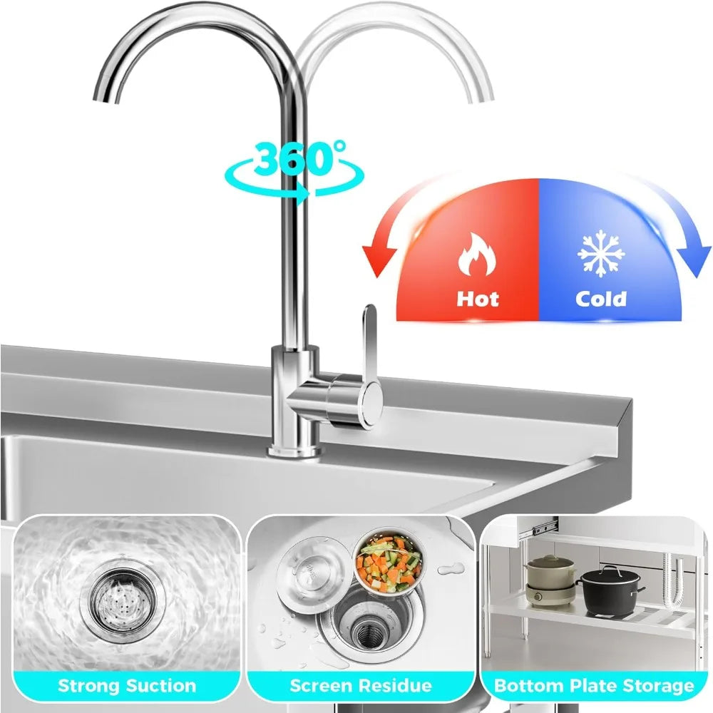 Modern kitchen faucet with 360-degree rotation, hot and cold water indicators, and features like strong suction and bottom plate storage.