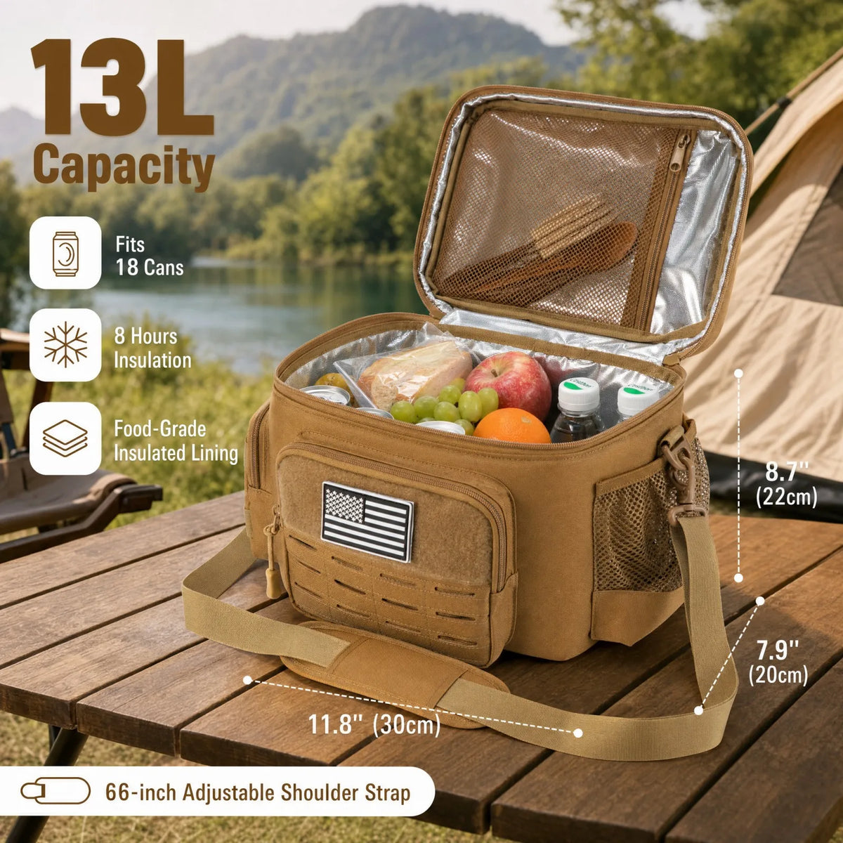 A tan 13L insulated lunch bag shown open on a wooden table outdoors, with a lake, trees, and tent in the background. The bag contains food and drinks, and measurement callouts indicate its dimensions.