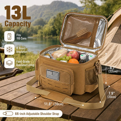 A tan 13L insulated lunch bag shown open on a wooden table outdoors, with a lake, trees, and tent in the background. The bag contains food and drinks, and measurement callouts indicate its dimensions.