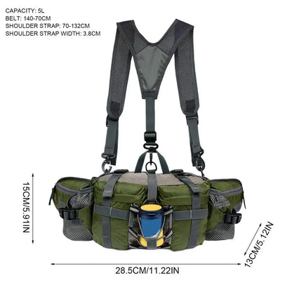 An olive green and gray water bottle carrier backpack with shoulder straps, shown on a white background with dimension lines and text indicating measurements and 5L capacity.
