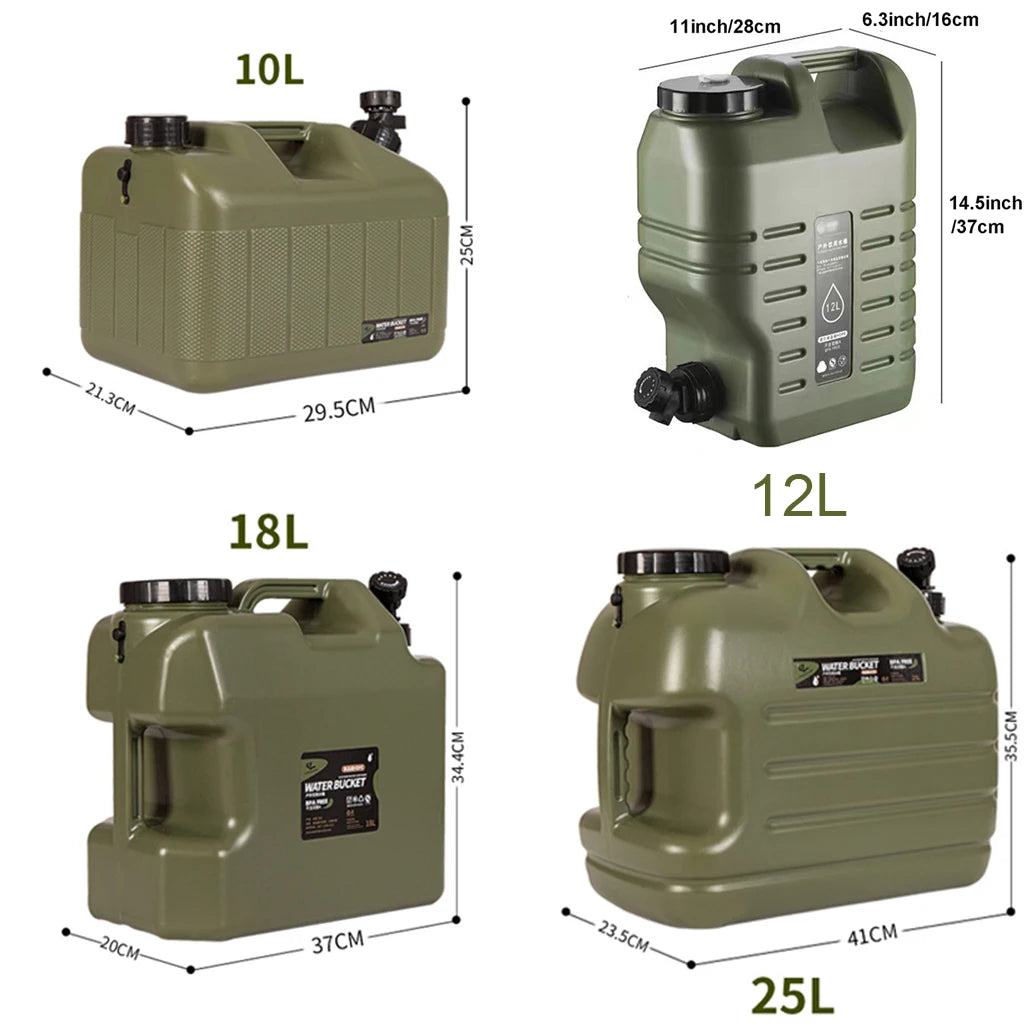 Set of green jerry cans with measurements and capacities displayed.