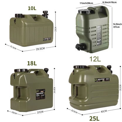 Set of green jerry cans with measurements and capacities displayed.
