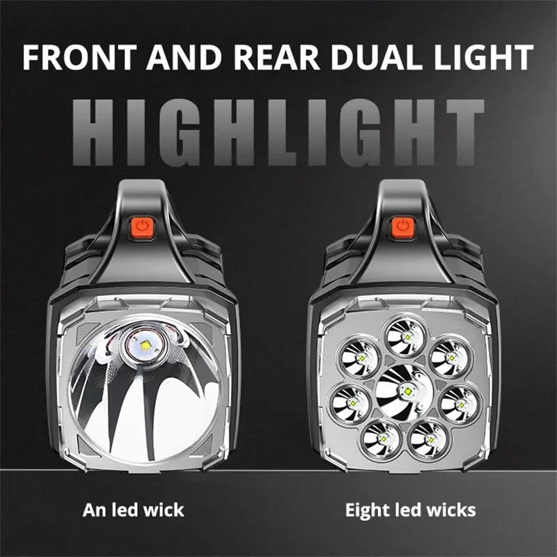 Two front and rear dual lights with text indicating features on a black background