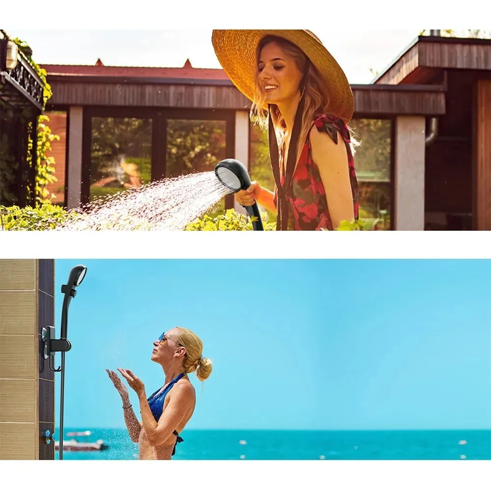 A split-screen lifestyle image showing a woman using a handheld shower head. The top half shows her watering plants outdoors in front of a house, while the bottom half shows her taking a shower under a wall-mounted shower head by the ocean.