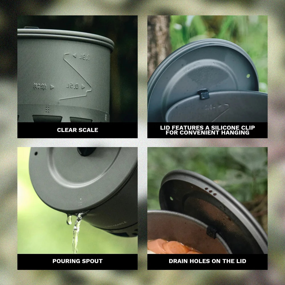 Product features including clear scale, silicone clip, pouring spout, and drain holes on a lid.