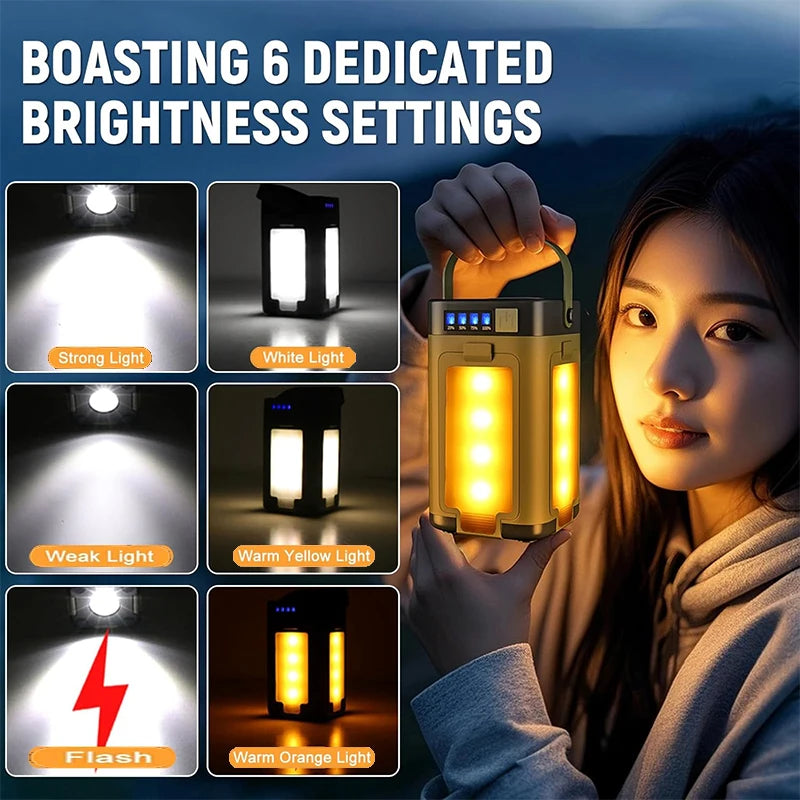 Person holding a portable light with various brightness settings displayed.