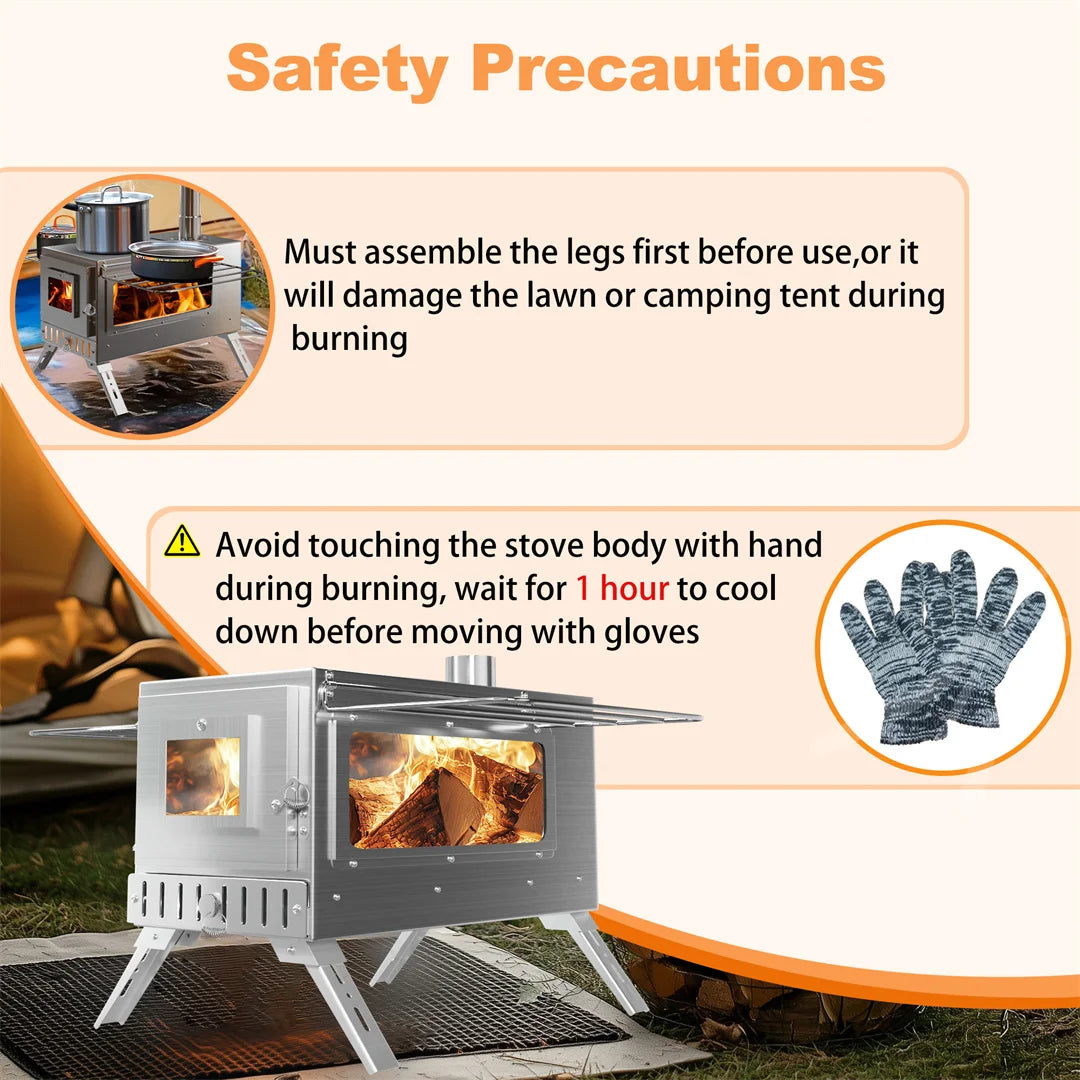Wood stove with safety precautions text on a white background