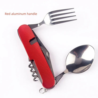 Multitool with red handle and silver fork and spoon on white background