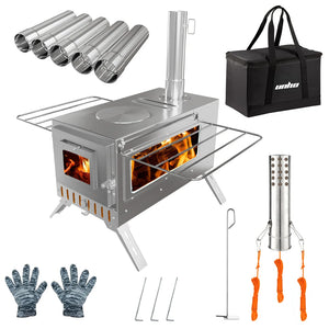 Collection of outdoor cooking equipment including a stove, metal tubes, gloves, and a carrying bag on a white background.
